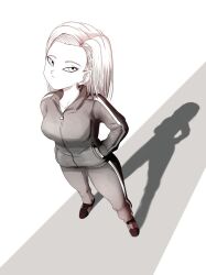 1girl android_18 dragon_ball dragon_ball_super hand_in_pocket looking_up serious shadow solo