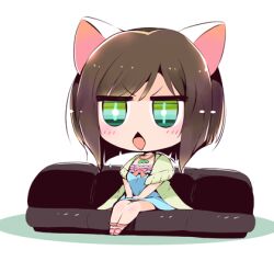 +_+ 1girl animal_ear_hairband animal_ears aqua_eyes bare_legs blue_dress blunt_ends bob_cut bow bowtie bright_pupils brown_hair cat_ear_hairband cat_ears chibi collarbone commentary_request couch dress excited fake_animal_ears gradient_eyes green_eyes green_jacket hairband hands_on_lap idolmaster idolmaster_cinderella_girls jacket jewelry light_blush lowres maekawa_miku multicolored_eyes necklace on_couch open_clothes open_jacket open_mouth own_hands_together pink_bow pink_bowtie pink_shoes ribbon-trimmed_dress ribbon_trim shadow shoes short_dress short_hair short_sleeves simple_background sitting solo sparkling_eyes sweater_jacket usoneko v-shaped_eyebrows white_background white_pupils