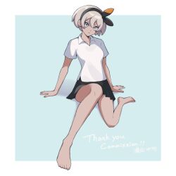 1girl arm_support bare_legs barefoot bea_(pokemon) black_hairband black_skirt blonde_hair border bow_hairband closed_mouth collarbone collared_shirt commission commissioner_upload creatures_(company) enokida_yuzume eyelashes feet full_body game_freak grey_eyes hair_between_eyes hairband head_tilt highres knees looking_at_viewer nintendo non-web_source pleated_skirt pokemon pokemon_swsh school_uniform shirt short_hair short_sleeves signature sitting skirt solo thank_you toes white_border white_shirt