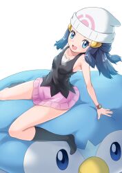 Rule 34 | armpits, beanie, black socks, blue eyes, blue hair, creatures (company), dawn (pokemon), game freak, gen 4 pokemon, hat, highres, long hair, miniskirt, nintendo, ossannoa, piplup, poke ball symbol, pokemon, pokemon dppt, poketch, simple background, skirt, socks, watch, wristwatch