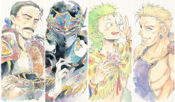4boys agahari armor bare_shoulders blonde_hair blue_eyes bug butterfly cape cyan_garamonde earrings facial_hair final_fantasy final_fantasy_vi gau gloves green_hair grey_eyes highres insect jewelry long_hair looking_at_viewer male_focus mask mouth_mask multiple_boys muscular muscular_male mustache ninja ninja_mask open_mouth ponytail red_eyes sabin_rene_figaro shadow_(ff6) short_hair smile traditional_media very_short_hair yellow_eyes