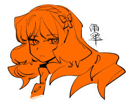 1girl cropped_shoulders duo_chromatic freckles hairband highres ishmael_(project_moon) limbus_company long_hair looking_at_viewer necktie orange_hair orange_theme portrait project_moon shima00401 solo