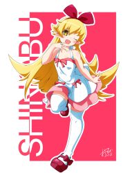 1girl :d bare_arms bare_shoulders blonde_hair blush_stickers bow character_name commentary_request commission dress fang full_body hair_bow hairband highres long_hair looking_at_viewer mary_janes monogatari_(series) one_eye_closed open_mouth oshino_shinobu oshinobi_shinobu pink_skirt red_bow red_hairband red_shoes shoes signature skeb_commission skirt sleeveless sleeveless_dress smile solo spread_fingers standing standing_on_one_leg thighhighs very_long_hair white_dress white_thighhighs yellow_eyes