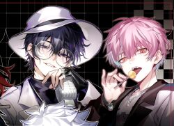 2boys black_gloves black_shirt candy food glasses gloves grin hair_between_eyes hat holding holding_candy holding_food holding_lollipop holding_microphone_stand jacket jewelry li_tianchen licking liu_xiao lollipop long_sleeves looking_at_viewer male_focus microphone_stand multiple_boys necklace official_alternate_costume official_art open_clothes open_mouth pink_hair purple_eyes purple_hair red_eyes round_eyewear shiguang_dailiren shirt short_hair smile teeth third-party_source tongue tongue_out turtleneck upper_body watch white_hat white_jacket white_shirt yaoi