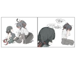 2girls animal_ears black_hair blunt_bangs blush brenn_(idwytl) english_text green_hair jane_doe_(zenless_zone_zero) long_hair mouse_ears mouse_girl mouse_tail multicolored_hair multiple_girls necktie ponytail red_hair shirt smile solo speech_bubble streaked_hair tail twintails two-tone_hair white_background white_shirt yuri zenless_zone_zero zhu_yuan