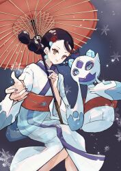1girl absurdres black_hair breasts brown_eyes candice_(pokemon) cosplay demekin2333 earrings froslass froslass_(cosplay) gen_4_pokemon hair_ornament highres holding holding_umbrella japanese_clothes jewelry kimono long_hair long_sleeves looking_at_viewer multi-tied_hair nintendo pokemon pokemon_(creature) pokemon_dppt red_sash sash smile twintails umbrella white_kimono