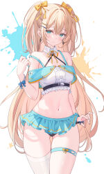 1girl absurdres bare_shoulders black_panties blonde_hair blue_eyes blue_skirt bow bow_panties breasts closed_mouth clothing_request collar collarbone commentary cowboy_shot detached_collar earrings fingernails gluteal_fold hair_between_eyes hair_bow hair_ornament hairclip hand_up highres jewelry light_blush long_hair looking_at_viewer medium_breasts microskirt navel original panties panty_tug skirt solo sora01o stomach symbol-only_commentary thigh_strap underwear very_long_hair white_collar yellow_bow