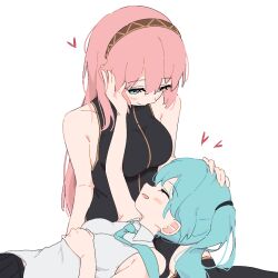 Rule 34 | 2girls, bare arms, black shirt, black thighhighs, blue eyes, blue hair, blue necktie, blush, brown hairband, closed eyes, closed mouth, collared shirt, commentary request, giryu, hairband, hand in another&#039;s hair, hand on another&#039;s face, hatsune miku, heart, holding own arm, lap pillow, long hair, megurine luka, multiple girls, necktie, open mouth, pink hair, shirt, simple background, sleeveless, sleeveless shirt, smile, thighhighs, twintails, vocaloid, white background, white shirt, yuri