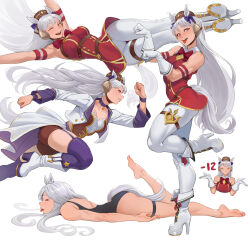 &gt;_&lt; 1girl :p animal_ears armpits barefoot black_one-piece_swimsuit blue_thighhighs boots breasts brown_hat cheshirrr commentary gloves gold_ship_(umamusume) hat highres horse_ears horse_girl horse_tail jumping long_hair lying medium_breasts multiple_views on_stomach one-piece_swimsuit pantyhose running simple_background standing standing_on_one_leg starting_future_(umamusume) swimsuit tail thighhighs tongue tongue_out umamusume white_background white_boots white_gloves white_hair white_pantyhose
