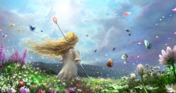 00 1girl blonde_hair bug butterfly cloud day dress fantasy female_focus field flower from_behind highres hill insect light_particles long_hair nature original petals pointy_ears scenery sky solo sparkle staff upper_body white_dress wind