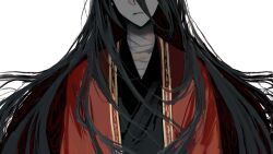 1boy bandaged_neck bandages black_hair black_hanfu ch189615 chinese_clothes chinese_commentary closed_mouth coat dao_gui_yi_xian hanfu head_out_of_frame highres ji_zai li_huowang long_hair male_focus pale_skin red_coat robe simple_background solo upper_body very_long_hair white_background