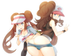 10s 2girls anus ass bare_shoulders baseball_cap bent_over bikini bikini_top_only black_pantyhose blue_eyes blush bra breast_slip breasts brown_hair cleavage clothes_lift clothes_pull denim denim_shorts double_bun female_focus grin hair_bun hat hilda_(pokemon) large_breasts long_hair looking_at_viewer looking_back multiple_girls naso4 nintendo nipples no_bra no_panties one_breast_out open_mouth pants pants_pull pantyhose pink_bra pokemon pokemon_bw pokemon_bw2 ponytail presenting pulling_another&#039;s_clothes pussy pussy_peek raglan_sleeves rosa_(pokemon) shirt_lift short_shorts shorts shorts_pull sidelocks simple_background sleeveless smile standing swimsuit twintails underboob underwear v vest visor_cap white_background