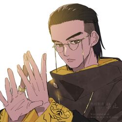 1boy bakugami_ryugi brown_eyes brown_hair brown_robe commentary_request glasses gold_necklace gold_ring hair_slicked_back highres jewelry looking_down male_focus necklace no.1_sentai_gozyuger ring robe round_eyewear solo super_sentai syatimaru36 tokusatsu undercut upper_body white_background yellow-framed_eyewear yellow_trim