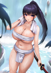 1girl absurdres bare_shoulders blue_hair blush breasts chest_sarashi cleavage commission fundoshi highres holding holding_sword holding_weapon japanese_clothes katana kisaragi_tsurugi large_breasts long_hair looking_at_viewer midriff_sarashi navel open_mouth original outdoors pixiv_commission ponytail purple_eyes sarashi solo sword wading water waterfall weapon