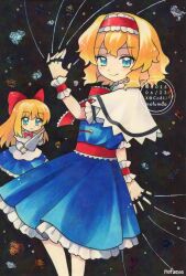Rule 34 | 1girl, alice margatroid, artist name, blonde hair, blue dress, blue eyes, blush, capelet, closed mouth, commentary, dated, doll, dress, frilled dress, frilled hairband, frilled sash, frills, hairband, hashtag-only commentary, highres, holding, holding polearm, holding weapon, jewelry, lance, lolita hairband, long sleeves, looking at viewer, maa (forsythia1729), polearm, puppet rings, puppet strings, red hairband, red sash, ring, sash, shanghai doll, smile, solo, touhou, traditional media, twitter username, watermark, weapon, white capelet, wrist cuffs