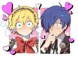 1boy 1girl ahoge aigis_(persona) android black_jacket blonde_hair blue_eyes blue_hair blush border bow bowtie couple flustered grey_hair hair_between_eyes hair_over_one_eye hashtag-only_commentary headphones heart hetero highres jacket nt_26 one_eye_covered persona persona_3 red_bow red_bowtie shirt short_hair sweat white_border white_shirt yuuki_makoto_(persona_3)