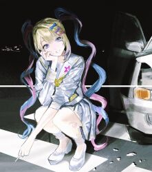 Rule 34 | 1girl, bingi, blonde hair, blue eyes, blue hair, car, chouzetsusaikawa tenshi-chan, cigarette, full body, motor vehicle, multicolored hair, needy girl overdose, night, pink hair, shirt, skirt, solo, thumbnail collage, white shirt, white skirt