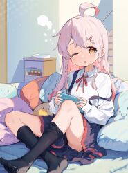 1girl ;o ahoge black_skirt black_socks braid brown_eyes c: collared_shirt colored_inner_hair commentary crossed_ankles grey_hair hair_ornament hairclip highres indoors kneehighs light_blush long_hair long_sleeves looking_at_viewer multicolored_hair neck_ribbon no_shoes one_eye_closed onii-chan_wa_oshimai! open_mouth oyama_mahiro pillow pink_hair pleated_skirt red_ribbon ribbon shirt side_braids sitting skirt sleeves_past_wrists smile socks solo strap_slip suspender_skirt suspenders tears twin_braids two-tone_hair white_shirt wing_collar yamano_(yamanoh)