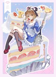 1girl absurdres antenna_hair apron beebee1120 black_bow blue_dress bow brown_hair cake cake_slice cardcaptor_sakura choker copyright_name dress food fork frilled_apron frilled_dress frills fruit gradient_background green_eyes hair_between_eyes hair_bow heart heart_choker highres holding holding_food holding_fruit holding_spoon juliet_sleeves kero_(cardcaptor_sakura) kinomoto_sakura knees_together_feet_apart legwear_garter long_sleeves looking_at_viewer medium_hair puffy_sleeves red_shoes shoes spoon strawberry strawberry_shortcake