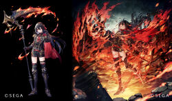 Rule 34 | 1girl, alumina flam, armor, armored boots, belt, black gloves, black hair, boots, breasts, burning, cape, chunithm, dress, fire, full body, gauntlets, gloves, hair ornament, highres, holding, holding weapon, horns, knee boots, long hair, looking at viewer, medium breasts, multiple views, official art, red cape, red eyes, sega, senano-yu, standing, thighhighs, weapon