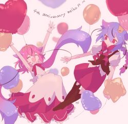 2girls anniversary arms_up balloon black_footwear black_vest blue_hair boots bow bowtie braid character_name closed_eyes commentary crown dress gloves gradient_hair hair_flaps happy heart_balloon highres hikimayu kisalaundry knee_boots long_hair meika_hime meika_mikoto multicolored_hair multiple_girls muted_color neck_ribbon open_mouth outstretched_arms pink_hair puffy_short_sleeves puffy_sleeves red_bow red_bowtie red_eyes red_ribbon red_skirt ribbon short_sleeves signature skirt sleeveless sleeveless_dress smile star_balloon tiara twintails two-tone_hair very_long_hair vest vocaloid white_dress white_gloves