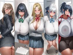 Rule 34 | 5girls, :p, aqua eyes, ass, bike shorts, black hair, black jacket, black skirt, blonde hair, breast press, breasts, brown hair, business suit, cameltoe, cleavage, closed mouth, collared shirt, formal clothes, green eyes, grey hair, grin, gym shirt, gym uniform, hair between eyes, hair ribbon, highres, huge breasts, impossible clothes, impossible shirt, jacket, long hair, long sleeves, looking at viewer, mole, mole under eye, multiple girls, no bra, open mouth, original, pleated skirt, ponytail, purple eyes, red eyes, red jacket, ribbon, school uniform, shirt, sidelocks, skirt, smile, suit, teeth, thick thighs, thighs, tongue, tongue out, v-shaped eyebrows, white shirt, yamanokami eaka, yellow eyes