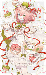 1girl :d absurdres animal_ears beads bird blue_eyes border bow bowtie cake cake_print cake_slice capelet cat_ears chinese_commentary commission creatures_(company) crossed_bangs cupcake double-parted_bangs dress dress_bow feet_out_of_frame floating floating_object food food-themed_hat food_print frilled_dress frilled_shirt_collar frilled_sleeves frills fruit game_freak gen_7_pokemon green_bow green_bowtie green_capelet green_eyes grey_background hair_beads hair_between_eyes hair_ornament hands_up heterochromia highres leaf_print long_sleeves looking_at_food looking_at_viewer medium_hair nintendo open_mouth orb original outside_border owl pantyhose pink_hair pokemon pokemon_(creature) puffy_long_sleeves puffy_sleeves red_ribbon ribbon rowlet shanyu_ming simple_background sleeves_past_wrists smile solo sparkle standing star_(symbol) strawberry thigh_strap tilted_headwear two-sided_capelet two_side_up watermark white_border white_capelet white_dress white_pantyhose