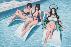 3girls absurdres aradia_ravencroft asymmetrical_horns bare_shoulders bikini black_bikini black_hair blue_hair breasts cleavage closed_eyes eyewear_on_head green_hair group_picture highres hololive hololive_english horns large_breasts long_hair malpha_ravencroft mole mole_under_eye multicolored_hair multiple_girls nerissa_ravencroft one-piece_swimsuit pool purple_eyes purple_hair seventeencrows short_hair sitting sunglasses swimsuit twitter_username two-tone_hair uneven_horns very_long_hair virtual_youtuber white_one-piece_swimsuit