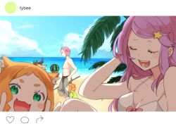 2girls 3boys anastasia_hoshin animal_ears beach bikini blue_sky blush bow breasts brother_and_sister cat_ears cat_girl closed_eyes eyelashes fake_screenshot fangs food fruit green_eyes green_shirt grey_male_swimwear hair_ornament heitarou_pearlbaton julius_juukulius male_swimwear medium_breasts mimi_pearlbaton multiple_boys multiple_girls ocean open_mouth orange_hair outdoors palm_tree pink_bow purple_hair re:zero_kara_hajimeru_isekai_seikatsu ricardo_(re:zero) shirt siblings sky star_(symbol) star_hair_ornament swimsuit thick_eyebrows topless_male tree wa--ka watermelon white_bikini wolf_boy