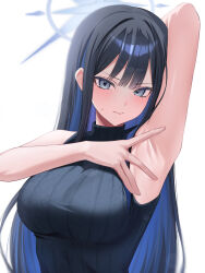 Rule 34 | 1girl, arm up, armpit focus, armpits, bare shoulders, black hair, black sweater, blue archive, blue hair, blush, breasts, closed mouth, commentary request, grey eyes, halo, highres, impossible clothes, impossible sweater, large breasts, long hair, looking at viewer, presenting armpit, saori (blue archive), shiny skin, sidelocks, simple background, soen bisma, solo, standing, sweat, sweater, upper body, white background