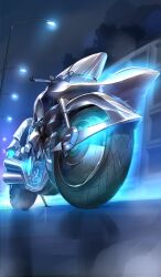 blue_theme commentary fate/grand_order fate/zero fate_(series) glowing lamppost lasengle motor_vehicle motorcycle night no_humans official_art outdoors third-party_source vehicle_focus