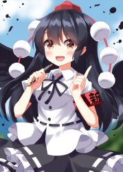 Rule 34 | 1girl, :d, black hair, hands up, highres, holding, holding pen, long hair, looking at viewer, open mouth, pen, red eyes, ruu (tksymkw), shameimaru aya, smile, solo, touhou