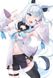 1girl absurdres ahoge animal_ear_fluff animal_ear_piercing animal_ears aqua_necktie armpits arms_up asymmetrical_legwear black_shorts black_thighhighs blush braid breasts cleavage detached_sleeves fox_ears fox_girl fox_tail hair_between_eyes highres hololive long_sleeves navel necktie one_eye_closed open_mouth shirakami_fubuki shirakami_fubuki_(1st_costume) short_shorts shorts side_braid simple_background smile stomach tail thigh_strap thighhighs thighs v virtual_youtuber white_background wide_sleeves zate1st