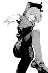 Rule 34 | 1girl, absurdres, arm up, black shoes, fighting stance, foreshortening, fujimoto tatsuki, greyscale, hammer, head tilt, highres, holding, holding hammer, holding nail, jujutsu kaisen, jujutsu tech uniform, kugisaki nobara, lips, loafers, looking to the side, medium hair, monochrome, nail (hardware), shoes, simple background, solo, white background