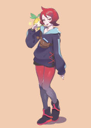 1girl absurdres arezu_(pokemon) black_footwear black_shorts blush boots clenched_hand commentary_request cowlick creatures_(company) full_body game_freak gen_5_pokemon gradient_legwear grey_jacket hand_up highres hiro_(user_negm3832) jacket long_sleeves looking_at_viewer nintendo on_shoulder one_eye_closed orange_background pantyhose petilil pokemon pokemon_(creature) pokemon_legends:_arceus pokemon_on_shoulder red_hair shiny_clothes short_hair shorts simple_background standing tongue tongue_out