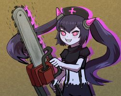 Rule 34 | 1girl, black hair, black hat, black shirt, black shorts, brown background, chainsaw, chrome (mon-musu quest!), colored skin, commentary request, crop top, cross, demon girl, fangs, foxmofumofu, grin, hair between eyes, hat, highres, holding, holding chainsaw, horns, light blush, long hair, mon-musu quest!, motion lines, nurse cap, pink eyes, pink horns, puffy short sleeves, puffy sleeves, purple skin, red cross, ringed eyes, shirt, short sleeves, shorts, simple background, smile, suspender shorts, suspenders, twintails, upper body, v-shaped eyebrows, very long hair