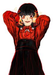 Rule 34 | 1girl, black hair, black overalls, blush (makeup), clenched teeth, cowboy shot, firefly (vocaloid), flower (vocaloid), grimace, hands on own head, hands up, heterochromia, highres, long eyelashes, long sleeves, looking at viewer, makeup, mismatched pupils, multicolored eyes, neckerchief, orange eyes, overall skirt, overalls, red eyes, red lips, red nails, red neckerchief, red sweater, runny makeup, short hair, simple background, solo, spotted hair, standing, straight-on, sweater, teeth, vocaloid, white background, wide-eyed, yo (4387s2)