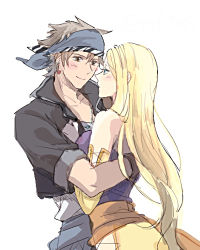 1boy 1girl bandana blonde_hair blue_eyes blue_jacket blue_shirt breasts celes_chere couple detached_sleeves final_fantasy final_fantasy_vi green_eyes hug jacket locke_cole long_hair lowres medium_breasts mii_(aad378) parted_bangs shirt smile