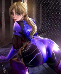 1girl ass blonde_hair bodysuit commentary english_commentary highres jill_valentine long_hair looking_at_viewer looking_back low_ponytail orion-m ponytail purple_bodysuit resident_evil resident_evil_5 signature wire_fence