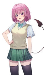 1girl absurdres aqua_bow aqua_bowtie black_thighhighs blush bow bowtie chinese_commentary collared_shirt commentary_request demon_tail flower green_skirt hair_flower hair_intakes hair_ornament hand_on_own_hip highres looking_at_viewer momo_velia_deviluke open_mouth pink_eyes pink_hair sainan_high_school_uniform school_uniform shengwr shirt short_hair short_sleeves simple_background skirt solo standing summer_uniform sweater_vest tail thighhighs to_love-ru to_love-ru_darkness white_background white_shirt yellow_sweater_vest zettai_ryouiki