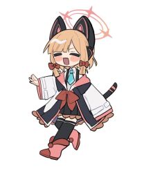 1girl animal_ear_headphones animal_ears aqua_necktie black_jacket black_skirt black_thighhighs blonde_hair blue_archive blunt_bangs blush_stickers boots bow cat_ear_headphones cat_ears closed_eyes collared_shirt commentary_request dress_shirt eyebrows_hidden_by_hair fake_animal_ears frilled_jacket frilled_skirt frills full_body gugyuguba hair_bow halo headphones jacket long_sleeves low-tied_sidelocks momoi_(blue_archive) multicolored_jacket necktie off_shoulder open_mouth parted_bangs pink_boots pink_halo pink_jacket pleated_skirt red_bow school_uniform shirt short_hair sidelocks simple_background single_sleeve_past_fingers skirt smile solo suspender_skirt suspenders thighhighs unbuttoned unbuttoned_jacket walking white_background white_jacket white_shirt wide_sleeves