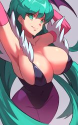 1girl armpits arms_behind_head bat_wings breasts capcom cleavage covered_erect_nipples covered_navel curvy darkstalkers demon_girl highres large_breasts legs leotard long_hair looking_at_viewer morrigan_aensland pantyhose parted_lips sideboob smile solo thick_thighs thighs very_long_hair wide_hips wings