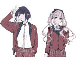 black_bow bow brother_and_sister closed_mouth hair_bow hand_up long_hair long_sleeves looking_at_viewer matching_outfits pink_eyes pink_hair purple_hair siblings simple_background smile the_hundred_line_-last_defense_academy- tsukumo_ima tsukumo_kako twins twintails v white_background