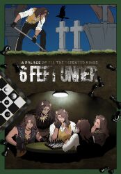 6+boys a_(twst_kts) absurdres animal_ears bird board_game braid brown_hair chess chess_piece chessboard clone crow dark-skinned_male dark_skin digging english_text graveyard green_eyes highres holding holding_shovel leona_kingscholar lion_boy lion_ears lion_tail long_hair male_focus multiple_boys night_raven_college_uniform outdoors playing_games school_uniform shovel table tail twin_braids twisted_wonderland underground vest yellow_vest