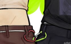 2girls absurdres aktana black_pants black_shirt brown_pants carabiner commentary english_commentary highres hip_focus kininatteru_hito_ga_otoko_ja_nakatta koga_mitsuki midriff multiple_girls oosawa_aya pants shirt signature