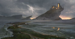 1girl armor cape castle cloud cloudy_sky dirt_road dusk from_behind grass highres hill landscape ocean original painterly path rain red_cape refiend reflection reflective_water road scenery shore signature sky storm waves white_hair