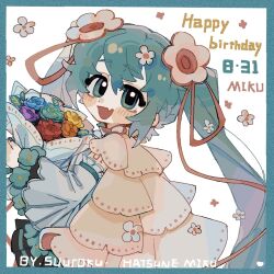 1girl aqua_border aqua_eyes aqua_hair arm_tattoo artist_name blue_nails blush border bouquet cape character_name chinese_commentary commentary dated detached_sleeves dot_nose eyelashes fang fingernails flower flower_trim green_flower hair_between_eyes hair_flower hair_ornament happy happy_birthday hatsune_miku holding holding_bouquet leaf long_hair long_sleeves looking_at_viewer magical_mirai_(vocaloid) magical_mirai_miku magical_mirai_miku_(2021) nail_polish nose_blush number_tattoo open_mouth orange_flower pink_ribbon pleated_skirt purple_flower red_flower ribbon shoulder_tattoo sidelocks skin_fang skirt solo suuroku tattoo twintails vocaloid white_flower yellow_flower