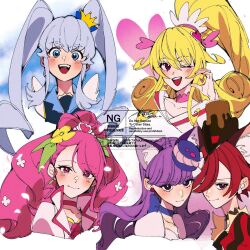 5girls animal_ears aoi_tete blonde_hair blue_eyes blue_hair blunt_bangs blush bow bow_choker cat_ears choker commentary crown cure_chocolat cure_grace cure_heart cure_macaron cure_princess dog_ears dokidoki!_precure earrings flower gold_crown hair_flower hair_ornament half_updo happinesscharge_precure! healin&#039;_good_precure heart heart_hair_ornament high_ponytail highres jewelry kirakira_precure_a_la_mode light_blush looking_at_viewer mini_crown multiple_girls open_mouth pink_bow pink_eyes pink_hair pointed_crown ponytail precure puffy_sleeves purple_hair red_eyes red_hair smile teeth twintails upper_teeth_only