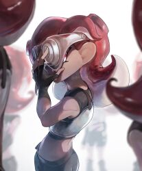 5girls artist_name blurry blurry_background ebio(evi3_da) goggles highres long_hair looking_at_viewer multiple_girls nintendo red_hair solo_focus splatoon_(series) standing takozonesu tentacle_hair twitter_username watermark