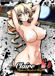 1girl armpits arms_behind_head blonde_hair blue_eyes breasts claire_harvey convenient_censoring drill_hair highres hundred_(light_novel) large_breasts legs looking_at_viewer navel nude official_art ookuma_nekosuke open_mouth puckered_lips soap_bubbles solo thighs toned tongue twin_drills